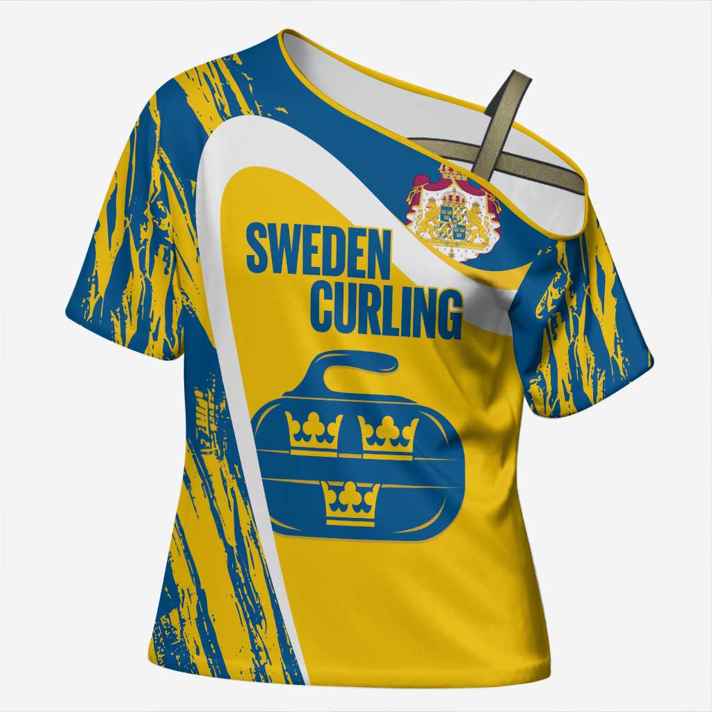 Custom Sweden Curling Cross Shoulder Shirt Konungariket Sverige Tre Kronor Grunge Style - Wonder Print Shop