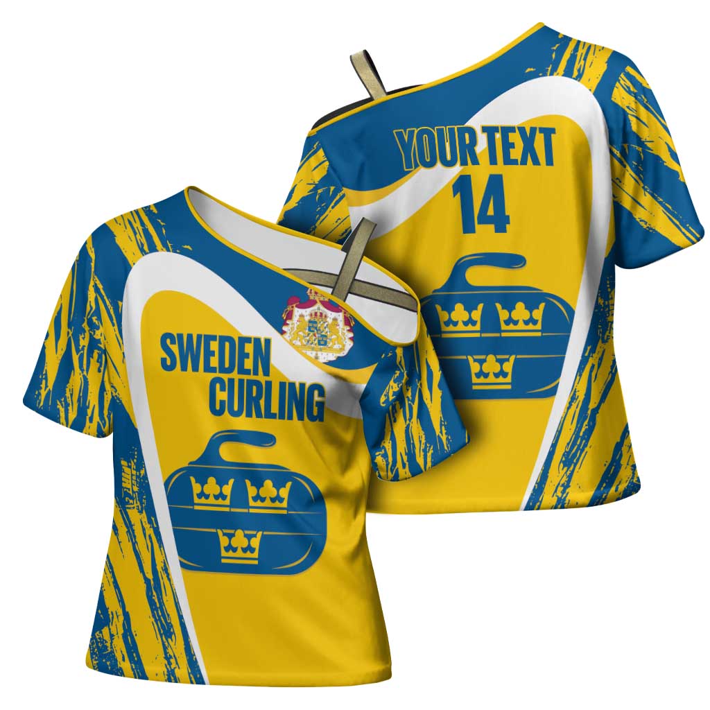 Custom Sweden Curling Cross Shoulder Shirt Konungariket Sverige Tre Kronor Grunge Style - Wonder Print Shop