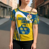 Custom Sweden Curling Cross Shoulder Shirt Konungariket Sverige Tre Kronor Grunge Style - Wonder Print Shop