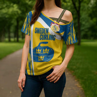 Custom Sweden Curling Cross Shoulder Shirt Konungariket Sverige Tre Kronor Grunge Style - Wonder Print Shop