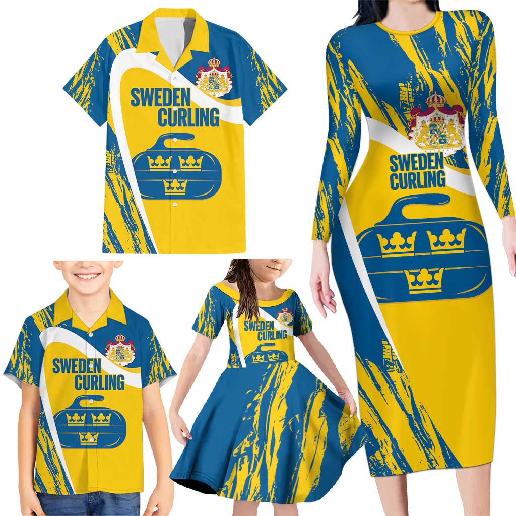 Custom Sweden Curling Family Matching Long Sleeve Bodycon Dress and Hawaiian Shirt Konungariket Sverige Tre Kronor Grunge Style - Wonder Print Shop