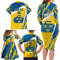 Custom Sweden Curling Family Matching Long Sleeve Bodycon Dress and Hawaiian Shirt Konungariket Sverige Tre Kronor Grunge Style - Wonder Print Shop