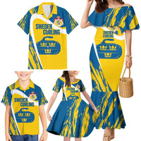 Custom Sweden Curling Family Matching Mermaid Dress and Hawaiian Shirt Konungariket Sverige Tre Kronor Grunge Style - Wonder Print Shop