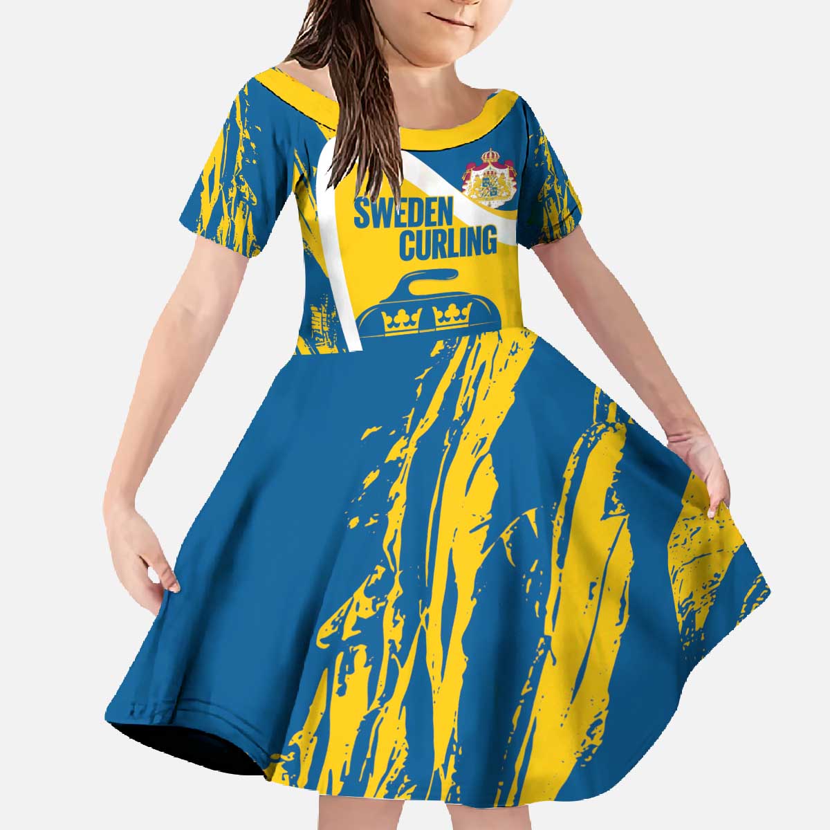 Custom Sweden Curling Family Matching Off The Shoulder Long Sleeve Dress and Hawaiian Shirt Konungariket Sverige Tre Kronor Grunge Style - Wonder Print Shop