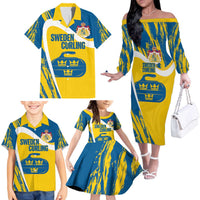 Custom Sweden Curling Family Matching Off The Shoulder Long Sleeve Dress and Hawaiian Shirt Konungariket Sverige Tre Kronor Grunge Style - Wonder Print Shop