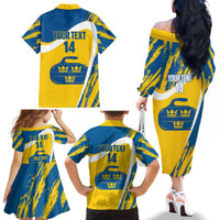Custom Sweden Curling Family Matching Off The Shoulder Long Sleeve Dress and Hawaiian Shirt Konungariket Sverige Tre Kronor Grunge Style - Wonder Print Shop