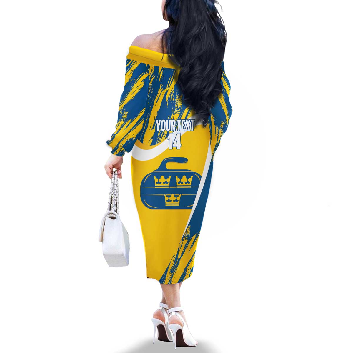 Custom Sweden Curling Family Matching Off The Shoulder Long Sleeve Dress and Hawaiian Shirt Konungariket Sverige Tre Kronor Grunge Style - Wonder Print Shop