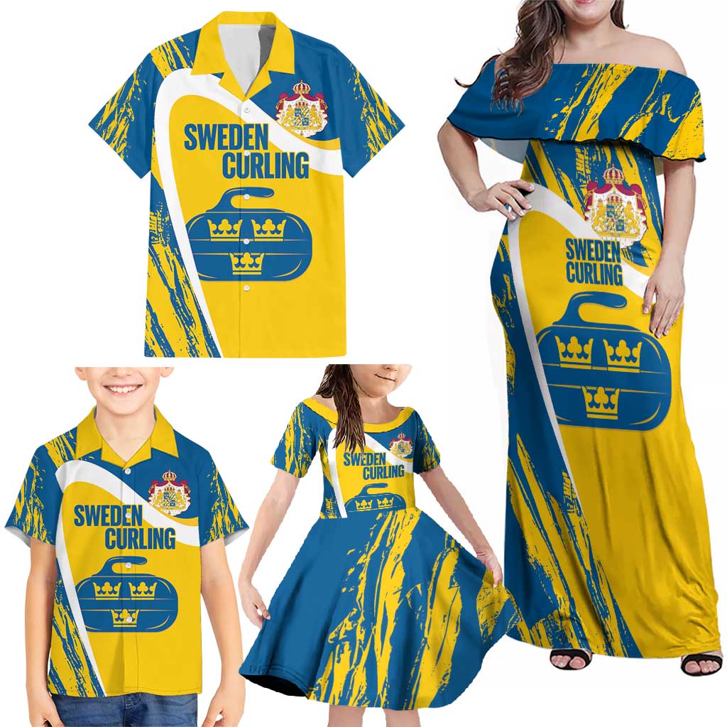 Custom Sweden Curling Family Matching Off Shoulder Maxi Dress and Hawaiian Shirt Konungariket Sverige Tre Kronor Grunge Style - Wonder Print Shop