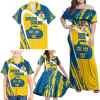 Custom Sweden Curling Family Matching Off Shoulder Maxi Dress and Hawaiian Shirt Konungariket Sverige Tre Kronor Grunge Style - Wonder Print Shop