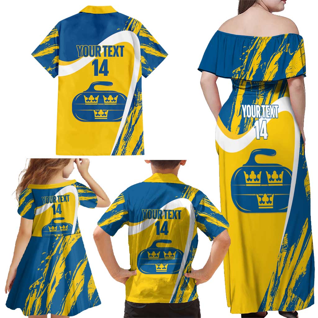 Custom Sweden Curling Family Matching Off Shoulder Maxi Dress and Hawaiian Shirt Konungariket Sverige Tre Kronor Grunge Style - Wonder Print Shop