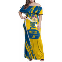 Custom Sweden Curling Family Matching Off Shoulder Maxi Dress and Hawaiian Shirt Konungariket Sverige Tre Kronor Grunge Style - Wonder Print Shop