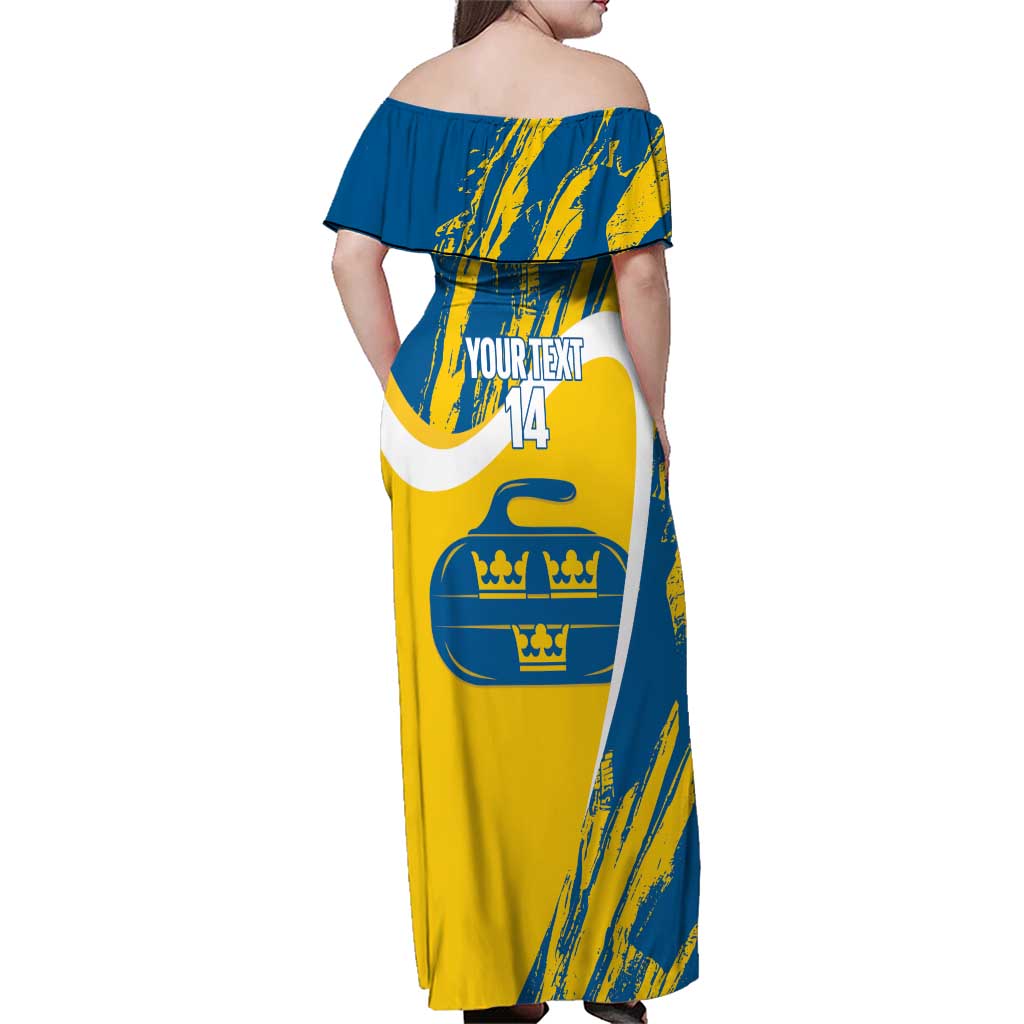 Custom Sweden Curling Family Matching Off Shoulder Maxi Dress and Hawaiian Shirt Konungariket Sverige Tre Kronor Grunge Style - Wonder Print Shop