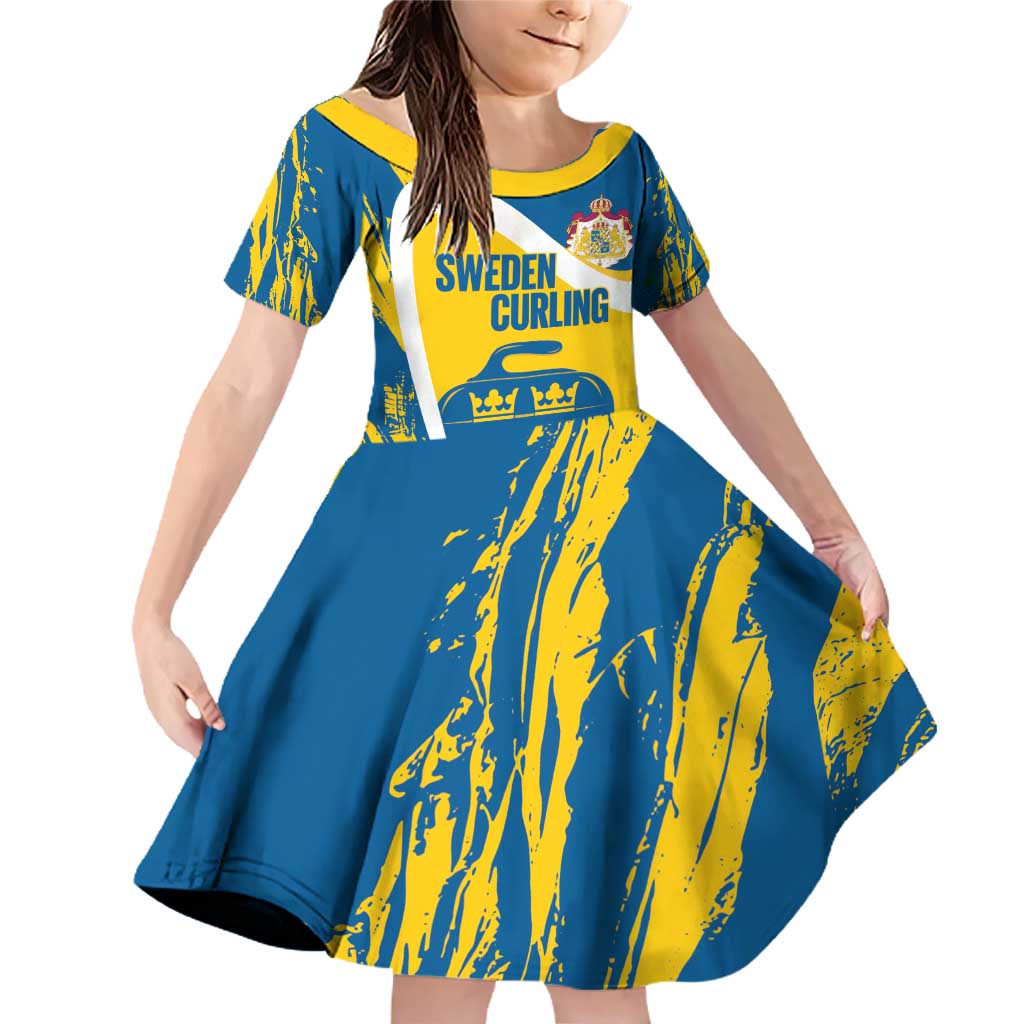 Custom Sweden Curling Family Matching Off Shoulder Short Dress and Hawaiian Shirt Konungariket Sverige Tre Kronor Grunge Style - Wonder Print Shop