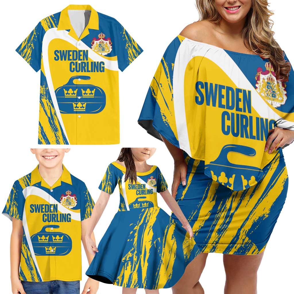 Custom Sweden Curling Family Matching Off Shoulder Short Dress and Hawaiian Shirt Konungariket Sverige Tre Kronor Grunge Style - Wonder Print Shop
