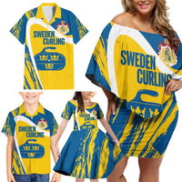 Custom Sweden Curling Family Matching Off Shoulder Short Dress and Hawaiian Shirt Konungariket Sverige Tre Kronor Grunge Style - Wonder Print Shop