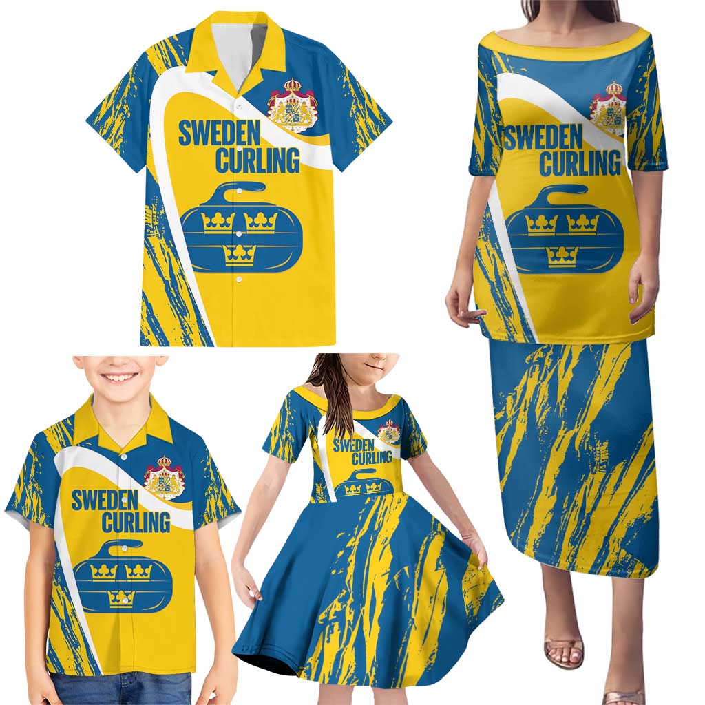 Custom Sweden Curling Family Matching Puletasi and Hawaiian Shirt Konungariket Sverige Tre Kronor Grunge Style - Wonder Print Shop