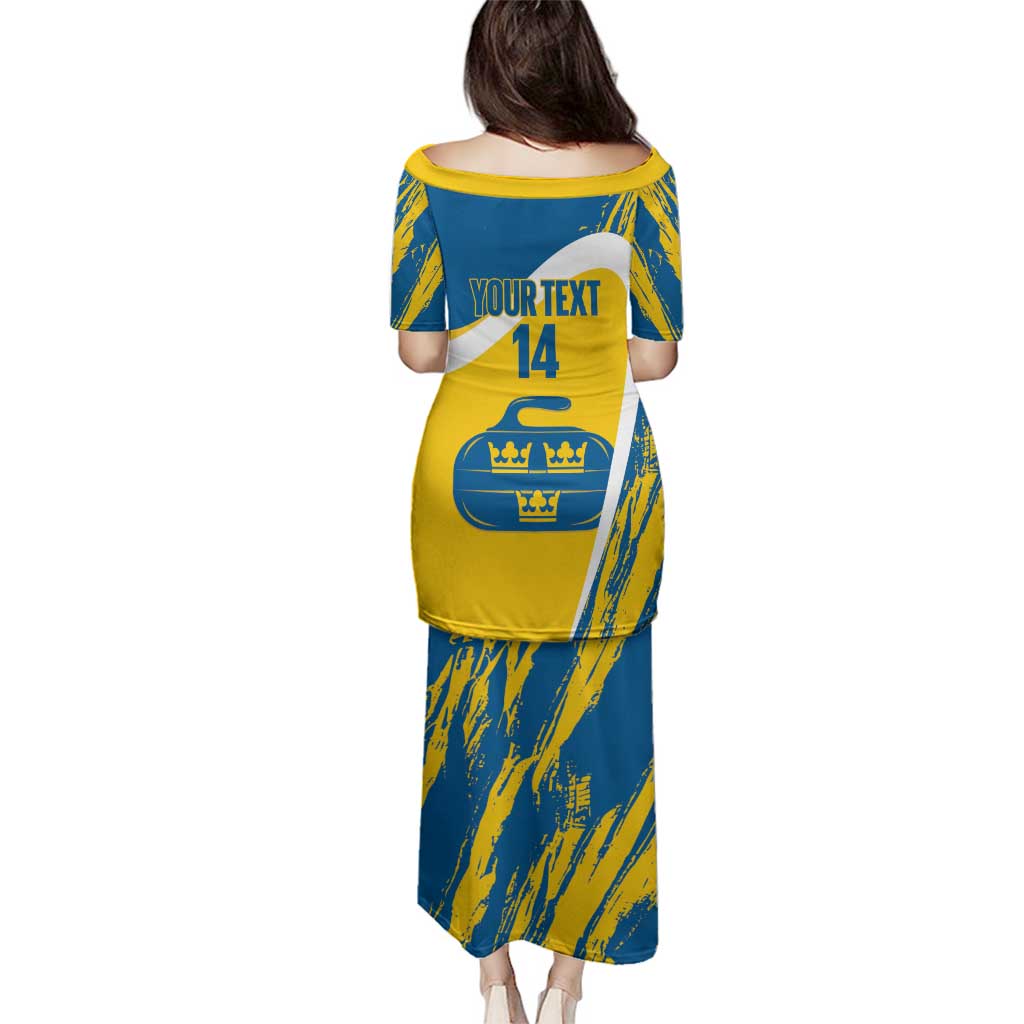 Custom Sweden Curling Family Matching Puletasi and Hawaiian Shirt Konungariket Sverige Tre Kronor Grunge Style - Wonder Print Shop