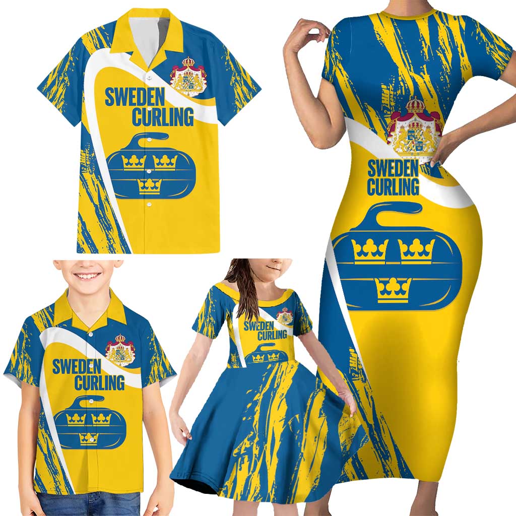 Custom Sweden Curling Family Matching Short Sleeve Bodycon Dress and Hawaiian Shirt Konungariket Sverige Tre Kronor Grunge Style - Wonder Print Shop