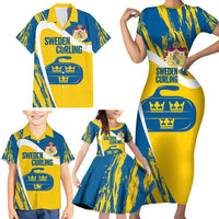 Custom Sweden Curling Family Matching Short Sleeve Bodycon Dress and Hawaiian Shirt Konungariket Sverige Tre Kronor Grunge Style - Wonder Print Shop