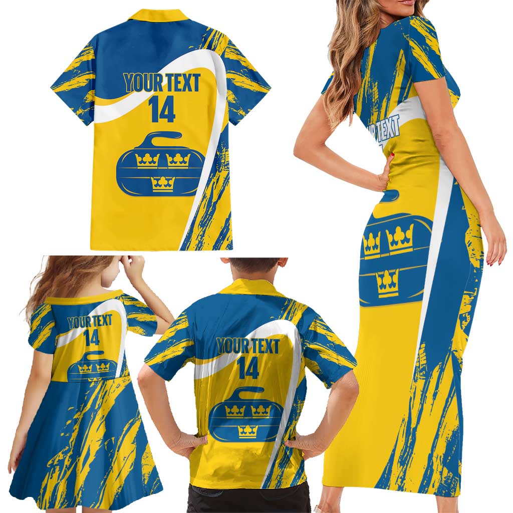 Custom Sweden Curling Family Matching Short Sleeve Bodycon Dress and Hawaiian Shirt Konungariket Sverige Tre Kronor Grunge Style - Wonder Print Shop