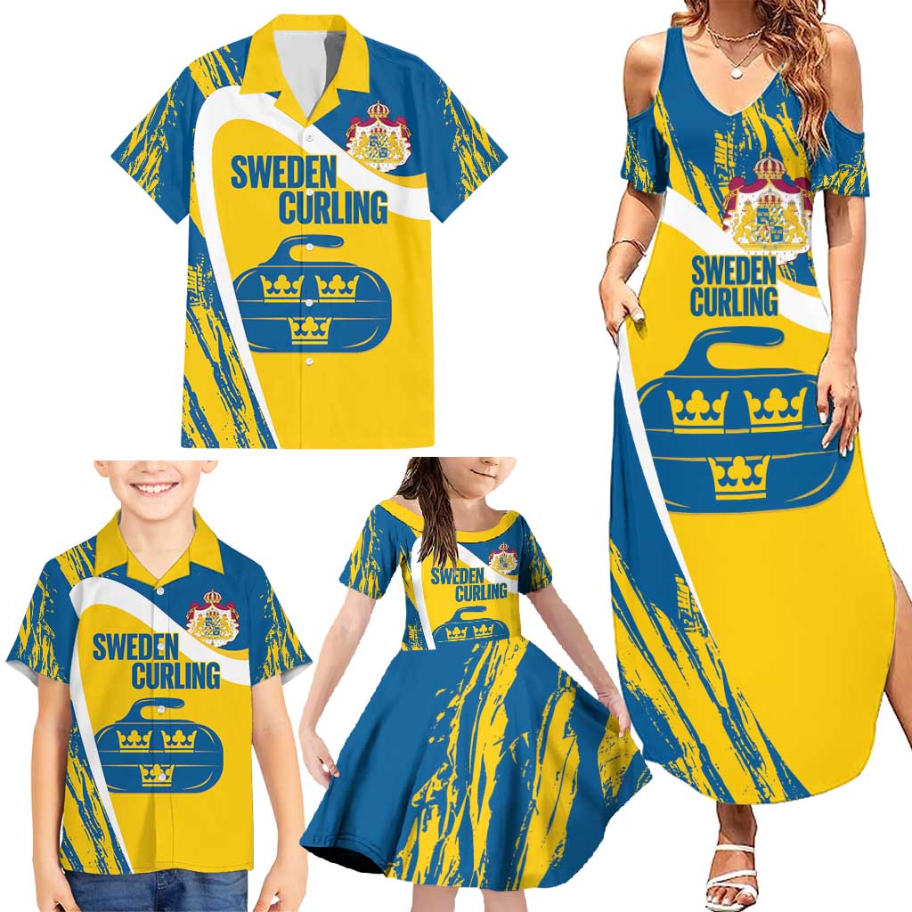 Custom Sweden Curling Family Matching Summer Maxi Dress and Hawaiian Shirt Konungariket Sverige Tre Kronor Grunge Style - Wonder Print Shop