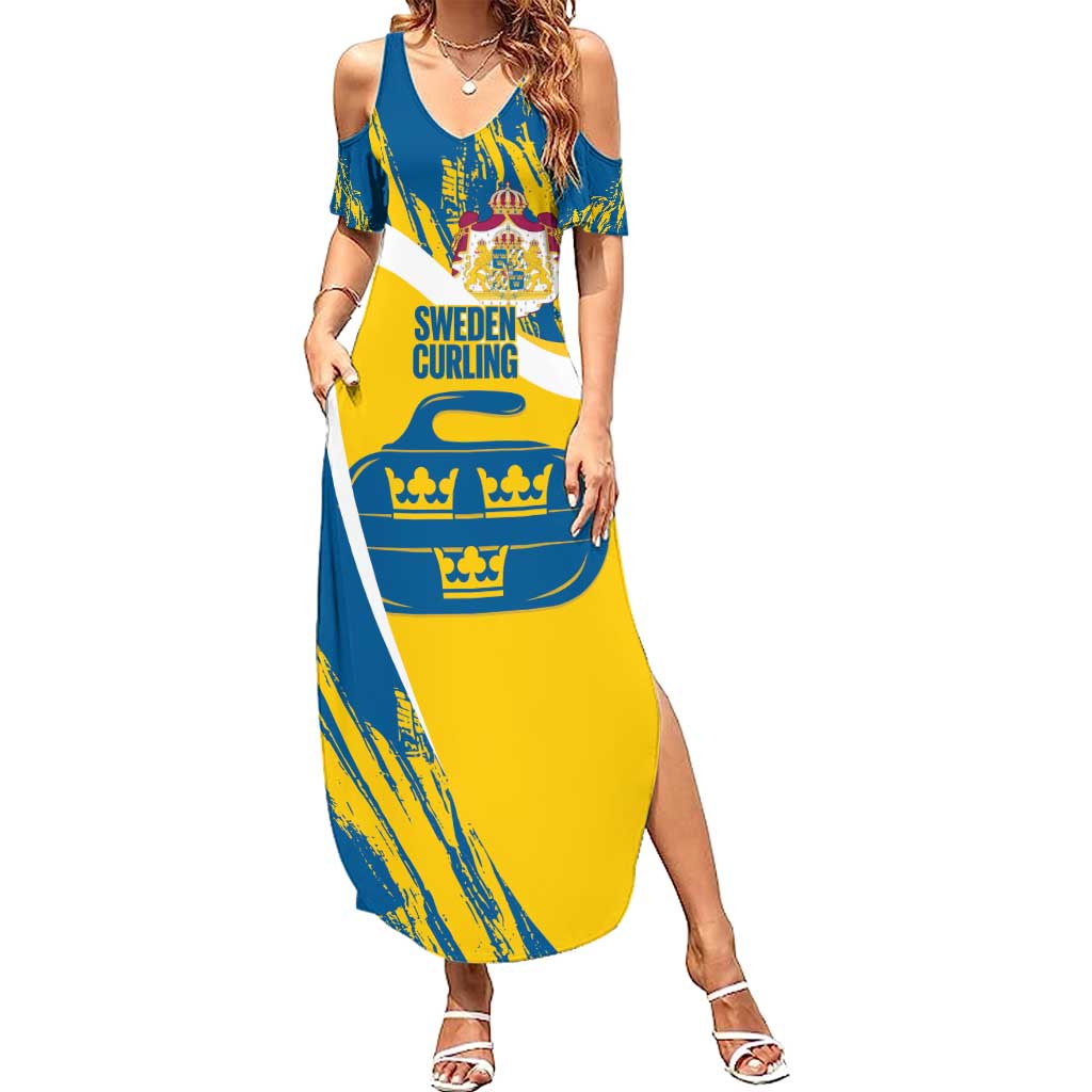 Custom Sweden Curling Family Matching Summer Maxi Dress and Hawaiian Shirt Konungariket Sverige Tre Kronor Grunge Style - Wonder Print Shop