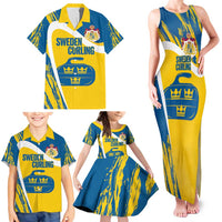 Custom Sweden Curling Family Matching Tank Maxi Dress and Hawaiian Shirt Konungariket Sverige Tre Kronor Grunge Style - Wonder Print Shop