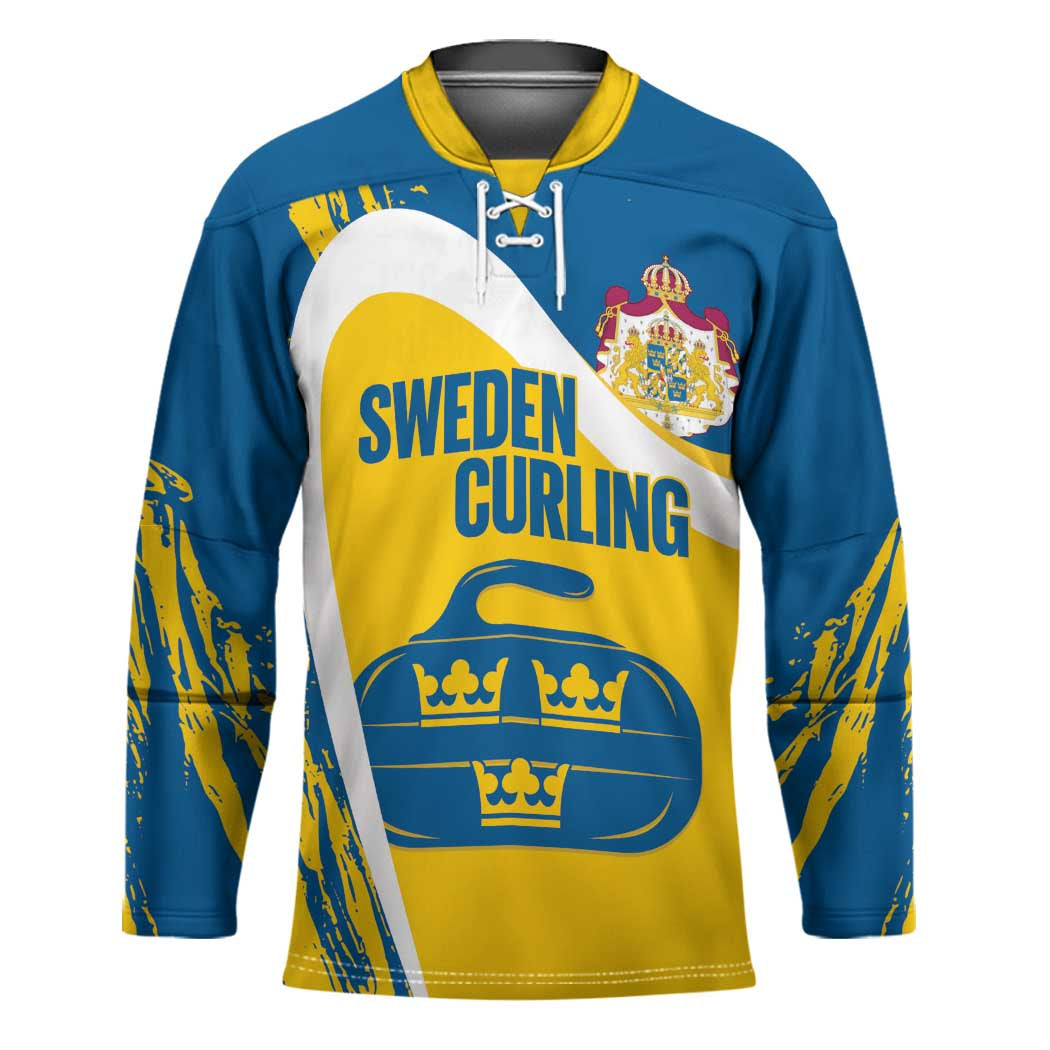 Custom Sweden Curling Hockey Jersey Konungariket Sverige Tre Kronor Grunge Style - Wonder Print Shop