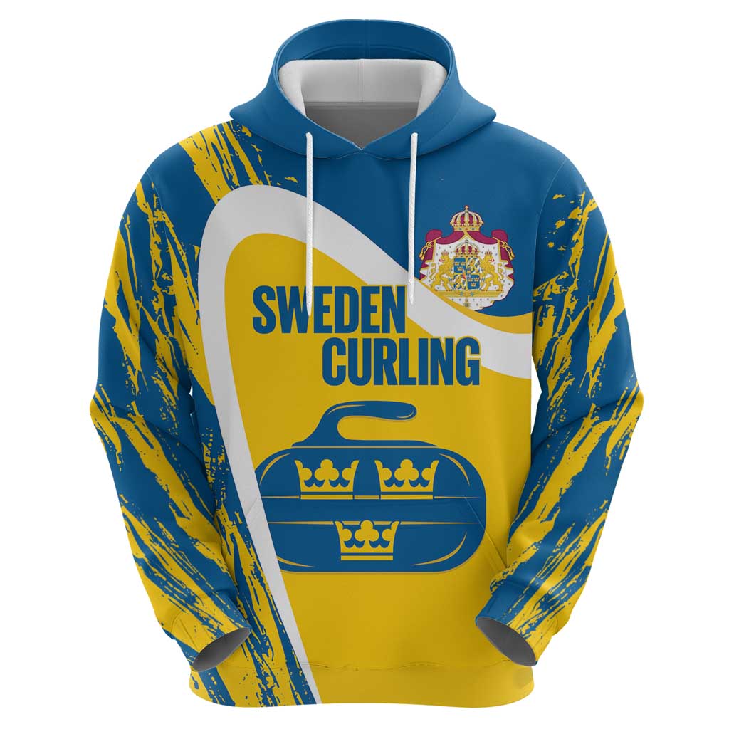 Custom Sweden Curling Hoodie Konungariket Sverige Tre Kronor Grunge Style - Wonder Print Shop