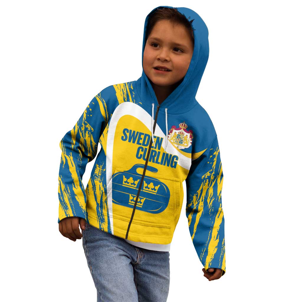 Custom Sweden Curling Kid Hoodie Konungariket Sverige Tre Kronor Grunge Style - Wonder Print Shop
