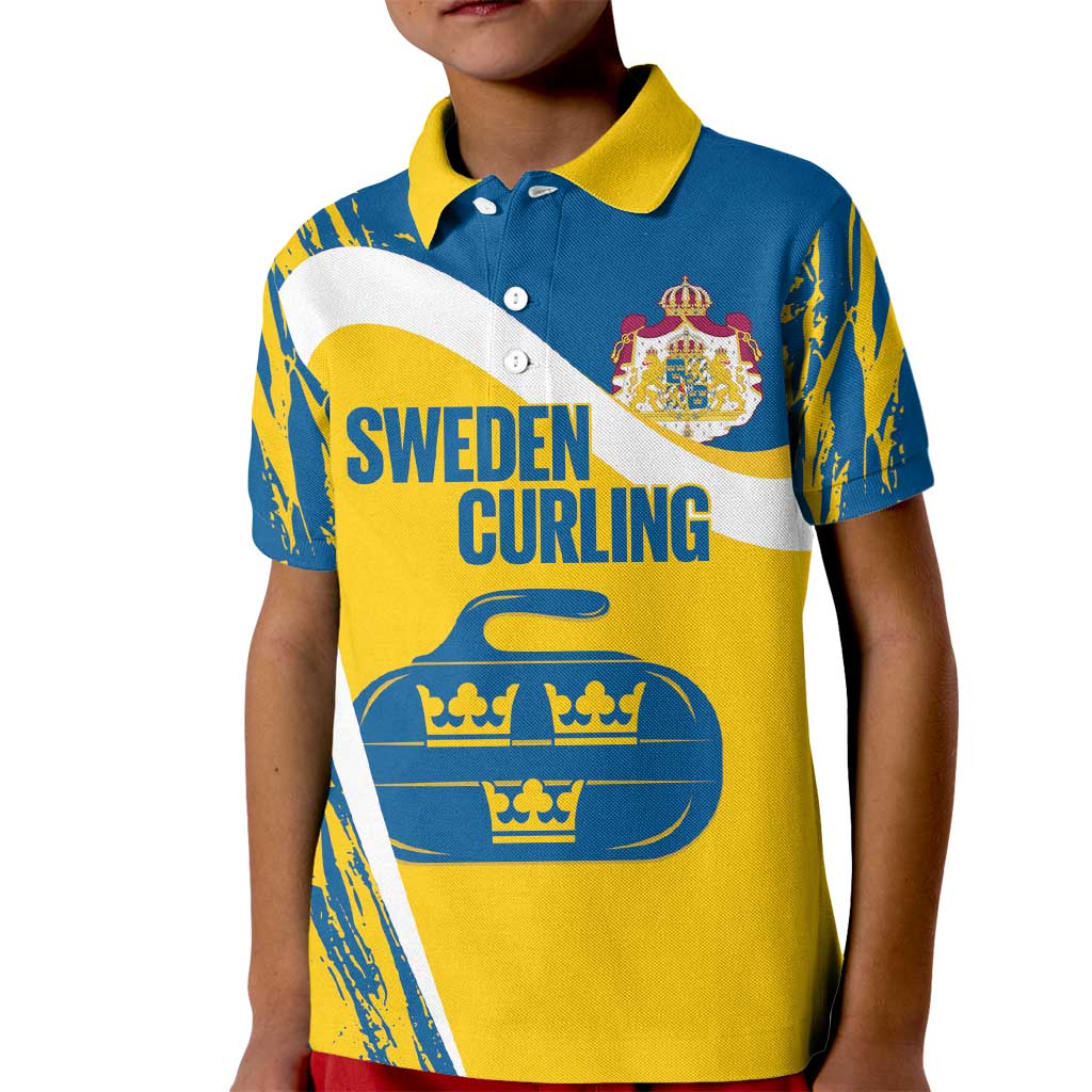 Custom Sweden Curling Kid Polo Shirt Konungariket Sverige Tre Kronor Grunge Style - Wonder Print Shop