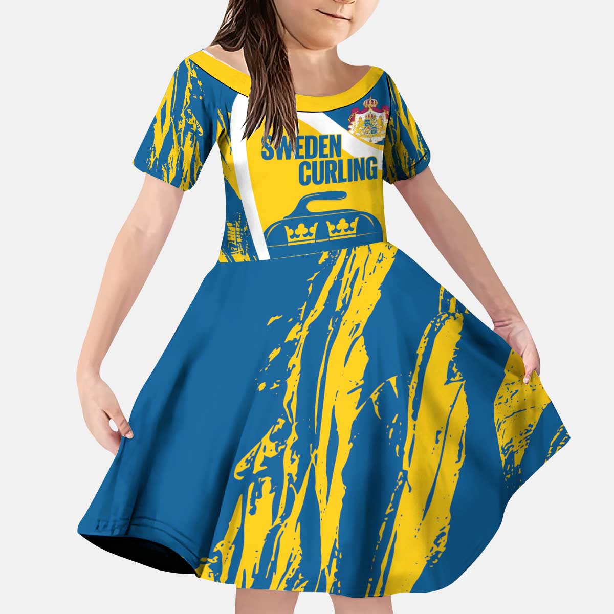 Custom Sweden Curling Kid Short Sleeve Dress Konungariket Sverige Tre Kronor Grunge Style - Wonder Print Shop