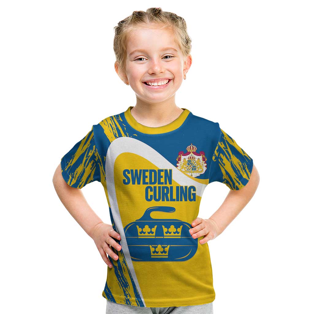 Custom Sweden Curling Kid T Shirt Konungariket Sverige Tre Kronor Grunge Style - Wonder Print Shop