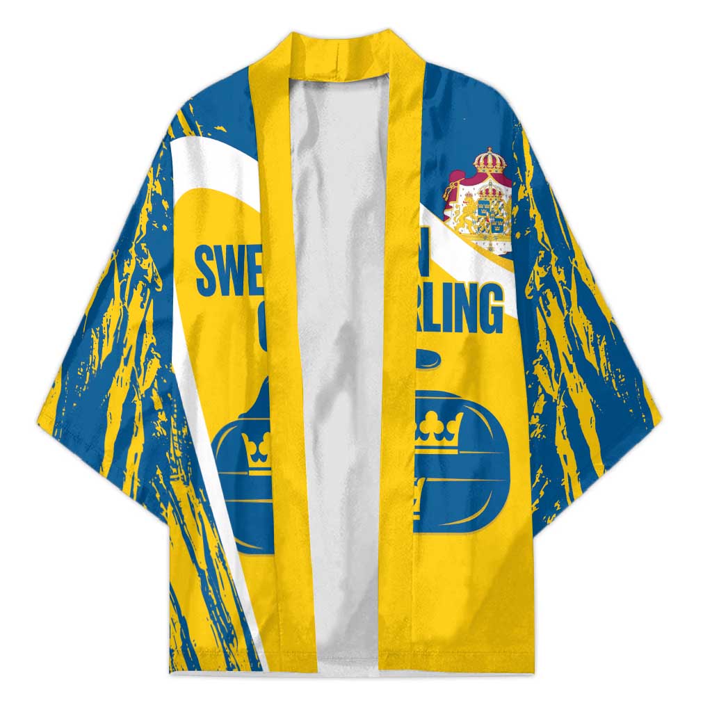 Custom Sweden Curling Kimono Konungariket Sverige Tre Kronor Grunge Style - Wonder Print Shop