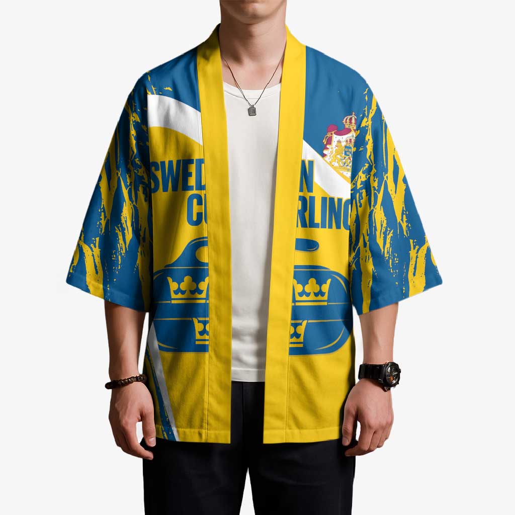 Custom Sweden Curling Kimono Konungariket Sverige Tre Kronor Grunge Style - Wonder Print Shop