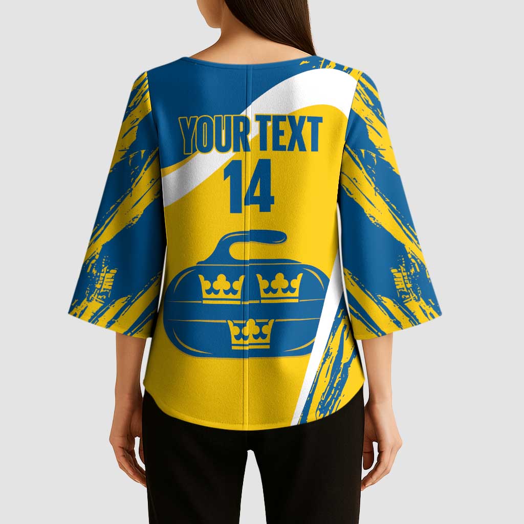 Custom Sweden Curling Kimono Sleeve Blouse Konungariket Sverige Tre Kronor Grunge Style - Wonder Print Shop