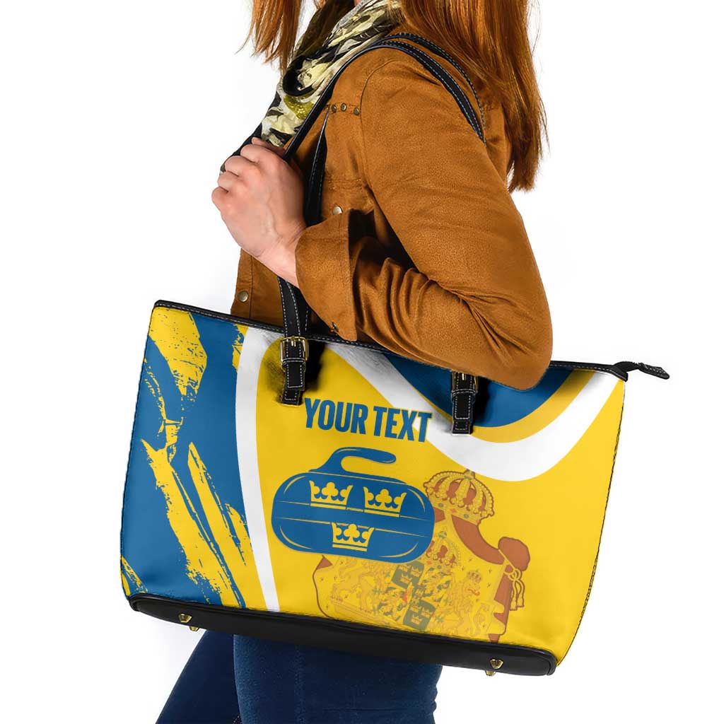 Custom Sweden Curling Leather Tote Bag Konungariket Sverige Tre Kronor Grunge Style - Wonder Print Shop