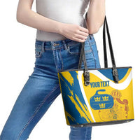 Custom Sweden Curling Leather Tote Bag Konungariket Sverige Tre Kronor Grunge Style - Wonder Print Shop