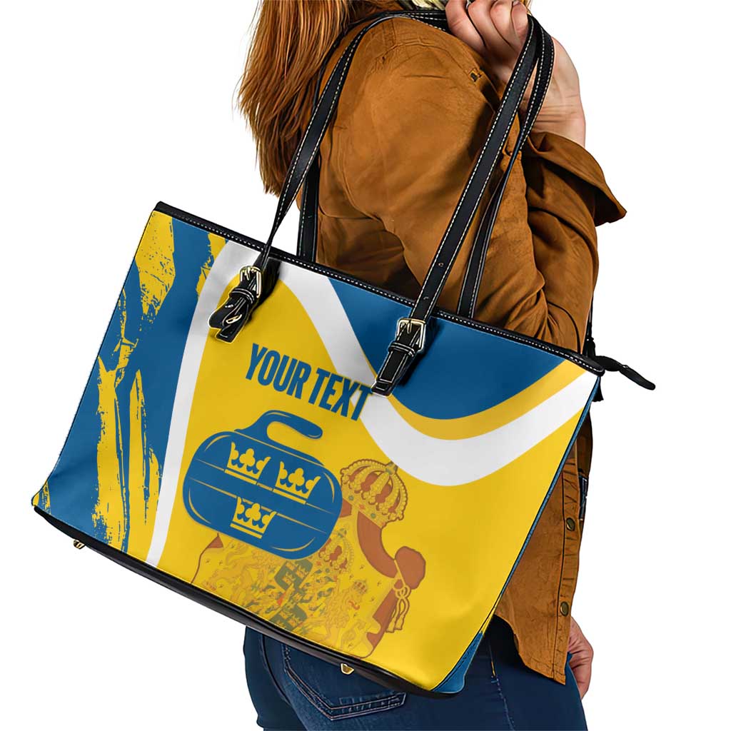 Custom Sweden Curling Leather Tote Bag Konungariket Sverige Tre Kronor Grunge Style - Wonder Print Shop