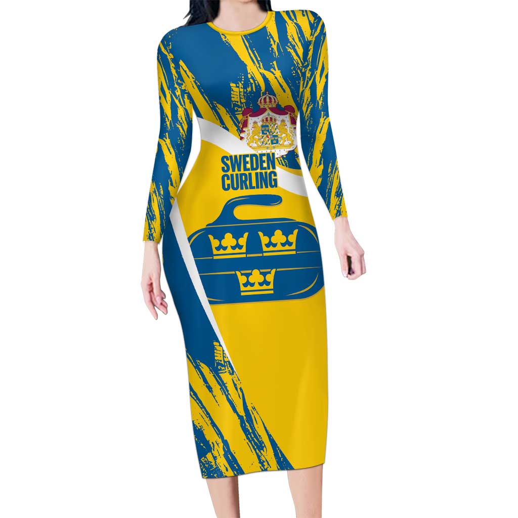 Custom Sweden Curling Long Sleeve Bodycon Dress Konungariket Sverige Tre Kronor Grunge Style - Wonder Print Shop