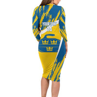 Custom Sweden Curling Long Sleeve Bodycon Dress Konungariket Sverige Tre Kronor Grunge Style - Wonder Print Shop