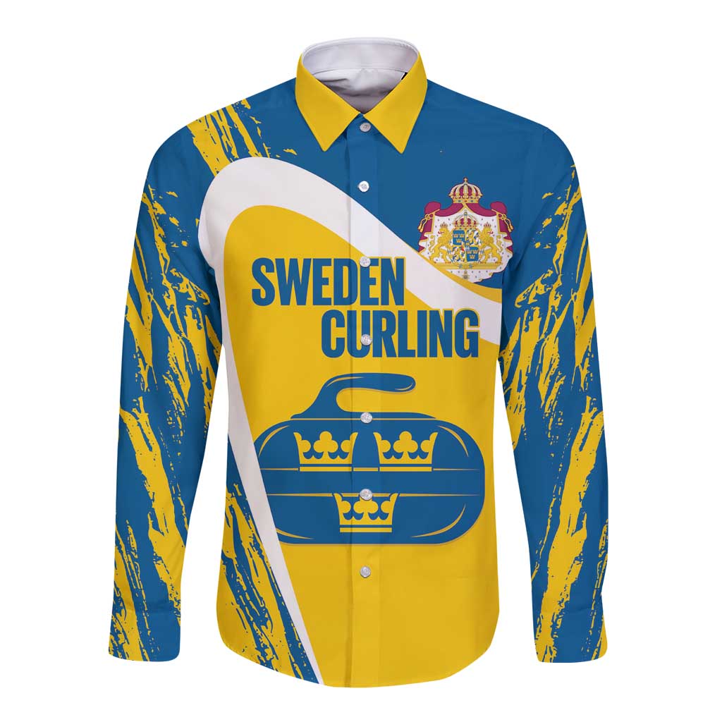 Custom Sweden Curling Long Sleeve Button Shirt Konungariket Sverige Tre Kronor Grunge Style - Wonder Print Shop