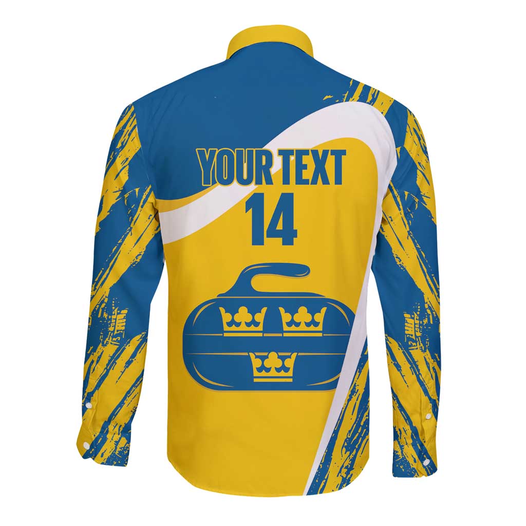 Custom Sweden Curling Long Sleeve Button Shirt Konungariket Sverige Tre Kronor Grunge Style - Wonder Print Shop