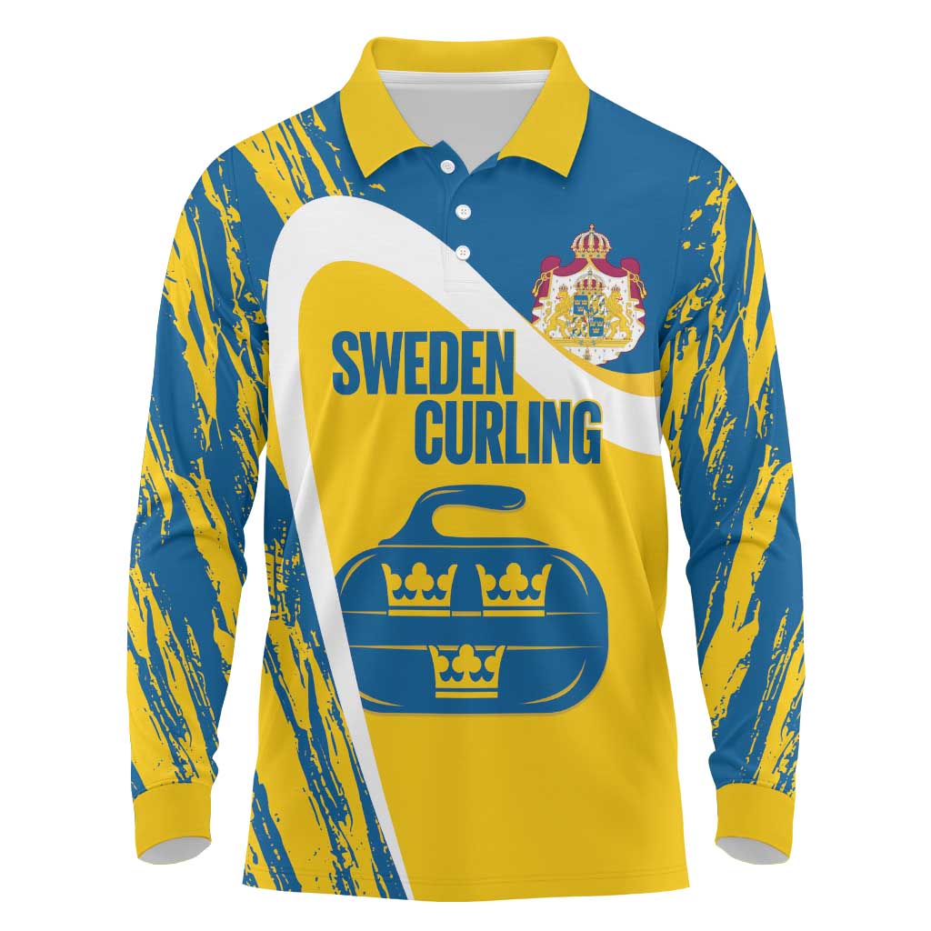 Custom Sweden Curling Long Sleeve Polo Shirt Konungariket Sverige Tre Kronor Grunge Style - Wonder Print Shop