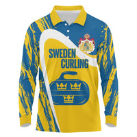 Custom Sweden Curling Long Sleeve Polo Shirt Konungariket Sverige Tre Kronor Grunge Style - Wonder Print Shop
