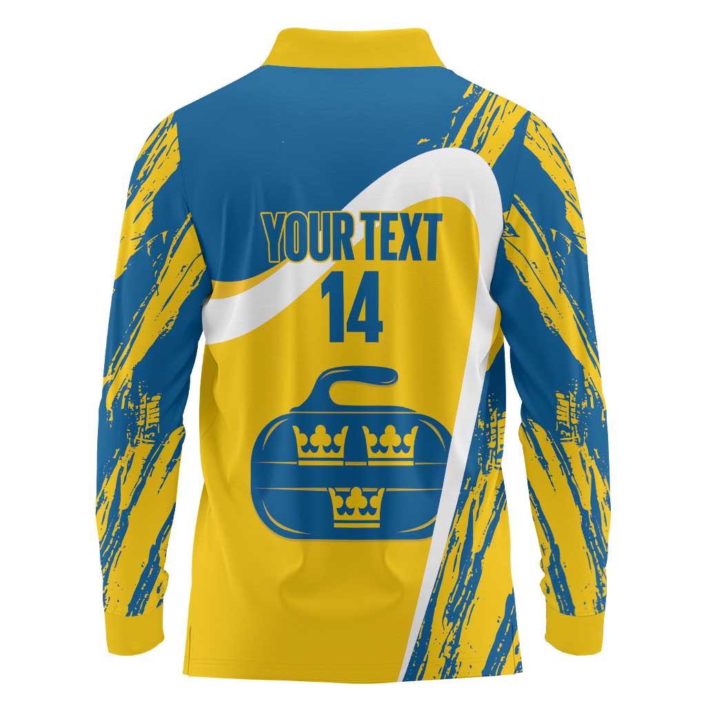 Custom Sweden Curling Long Sleeve Polo Shirt Konungariket Sverige Tre Kronor Grunge Style - Wonder Print Shop