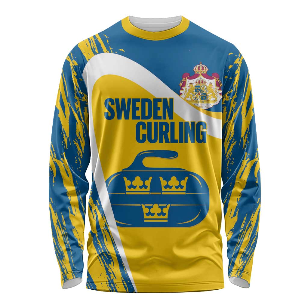 Custom Sweden Curling Long Sleeve Shirt Konungariket Sverige Tre Kronor Grunge Style - Wonder Print Shop