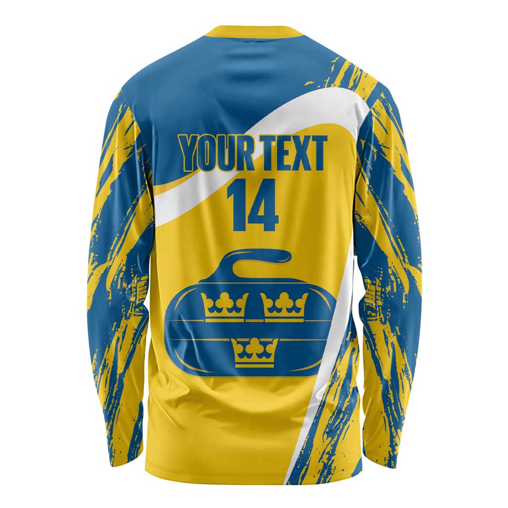 Custom Sweden Curling Long Sleeve Shirt Konungariket Sverige Tre Kronor Grunge Style - Wonder Print Shop