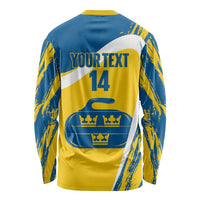 Custom Sweden Curling Long Sleeve Shirt Konungariket Sverige Tre Kronor Grunge Style - Wonder Print Shop