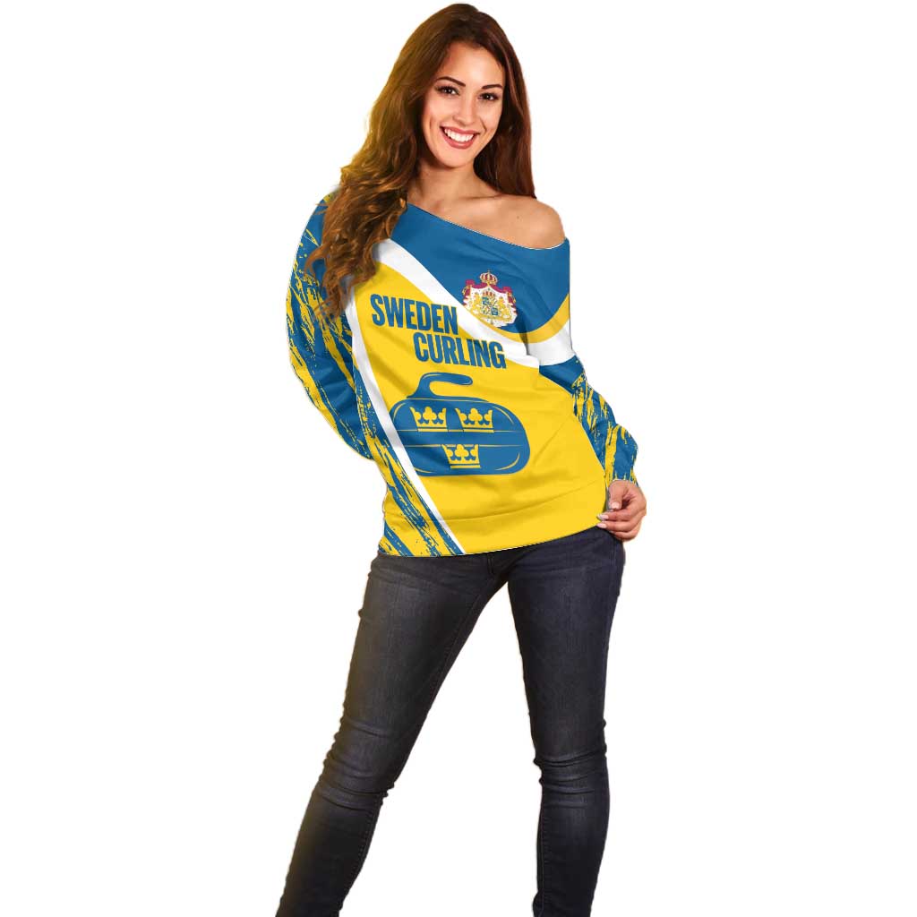 Custom Sweden Curling Off Shoulder Sweater Konungariket Sverige Tre Kronor Grunge Style - Wonder Print Shop